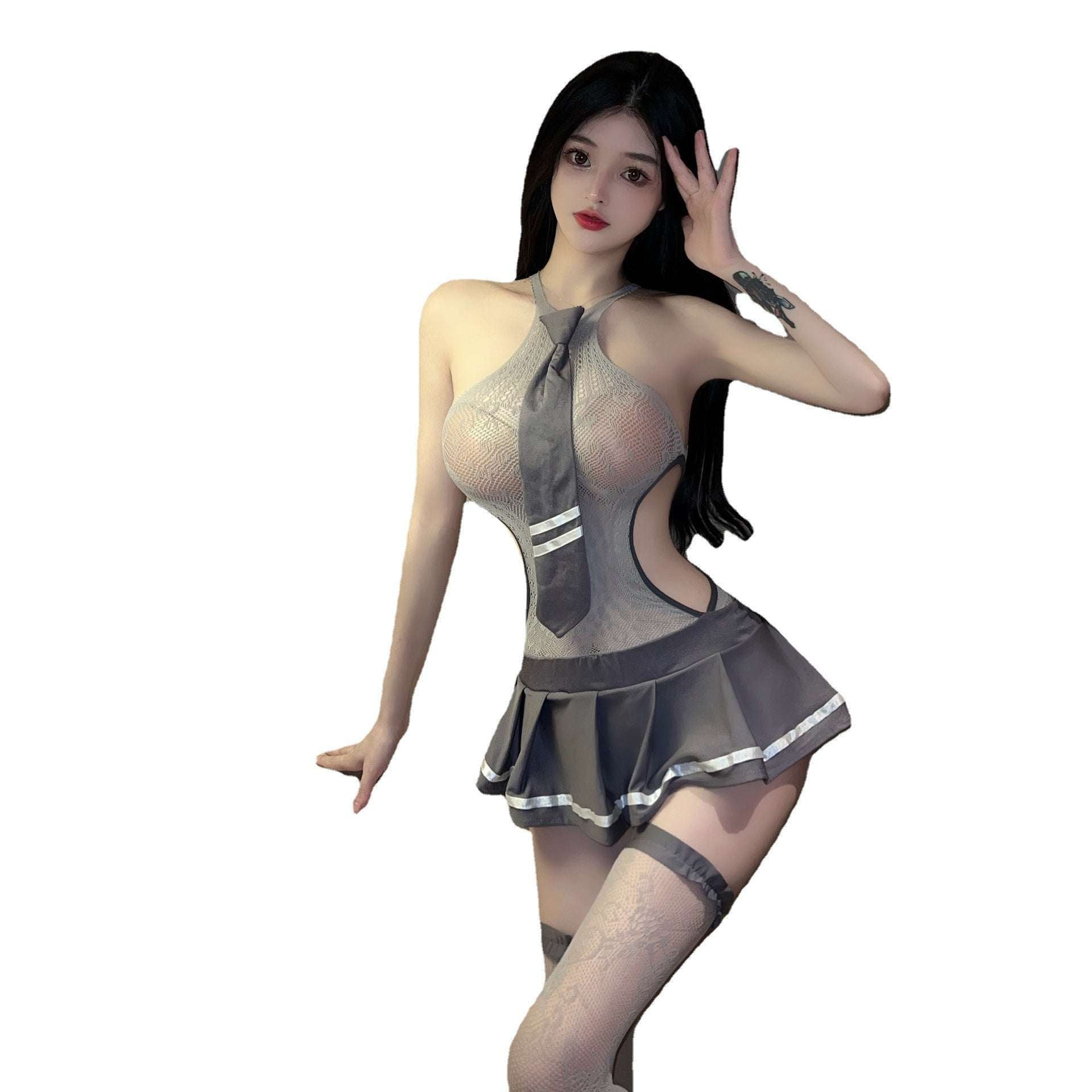 Sexy Lingerie Temptation No-Need-Strip Student One-Piece Mesh Dress JK Skirt Passionate Uniform Set 5709
