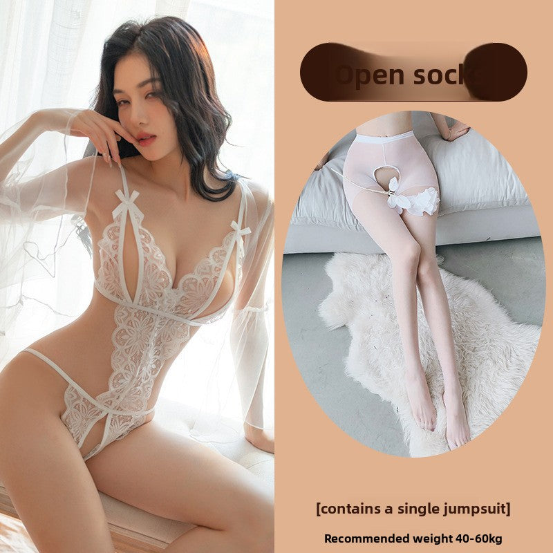 Sexy Lingerie Lace See-through Open Chest Hot Open Crotch No Need to Take Off Backless Teasing Bodysuit 5613