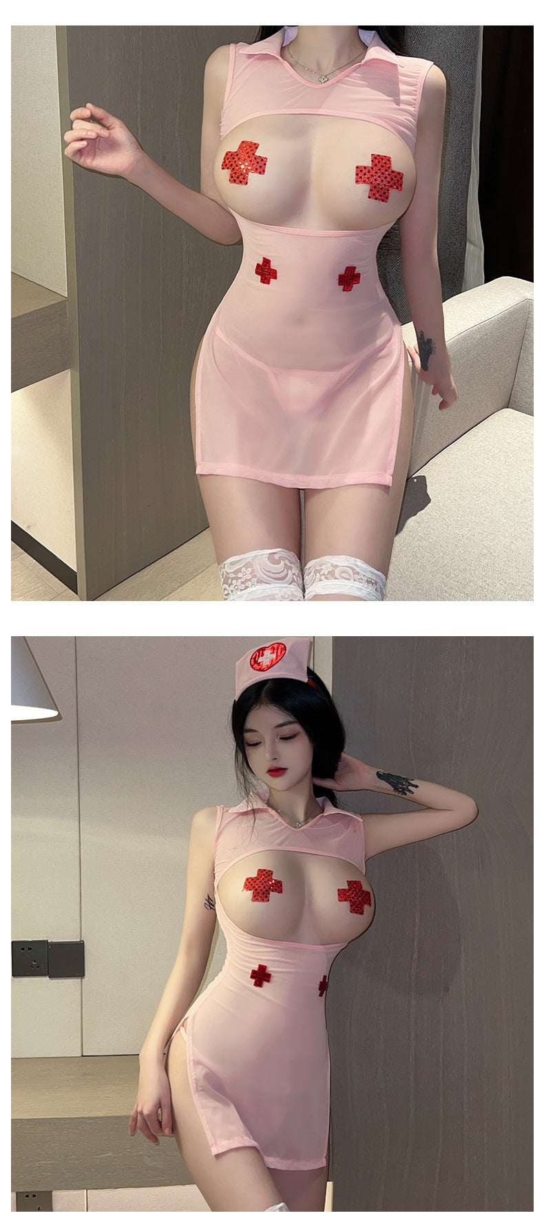 Sexy Lingerie See-Through Sexy Open-Crotch No-Removal Pure Desire Teasing Professional Nurse Costume Set 5141