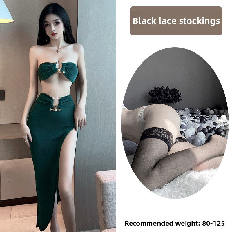 Sexy Lingerie Tube Top Temptation Tight High-Slit Bodycon Long Dress Nightclub Party Set 5724