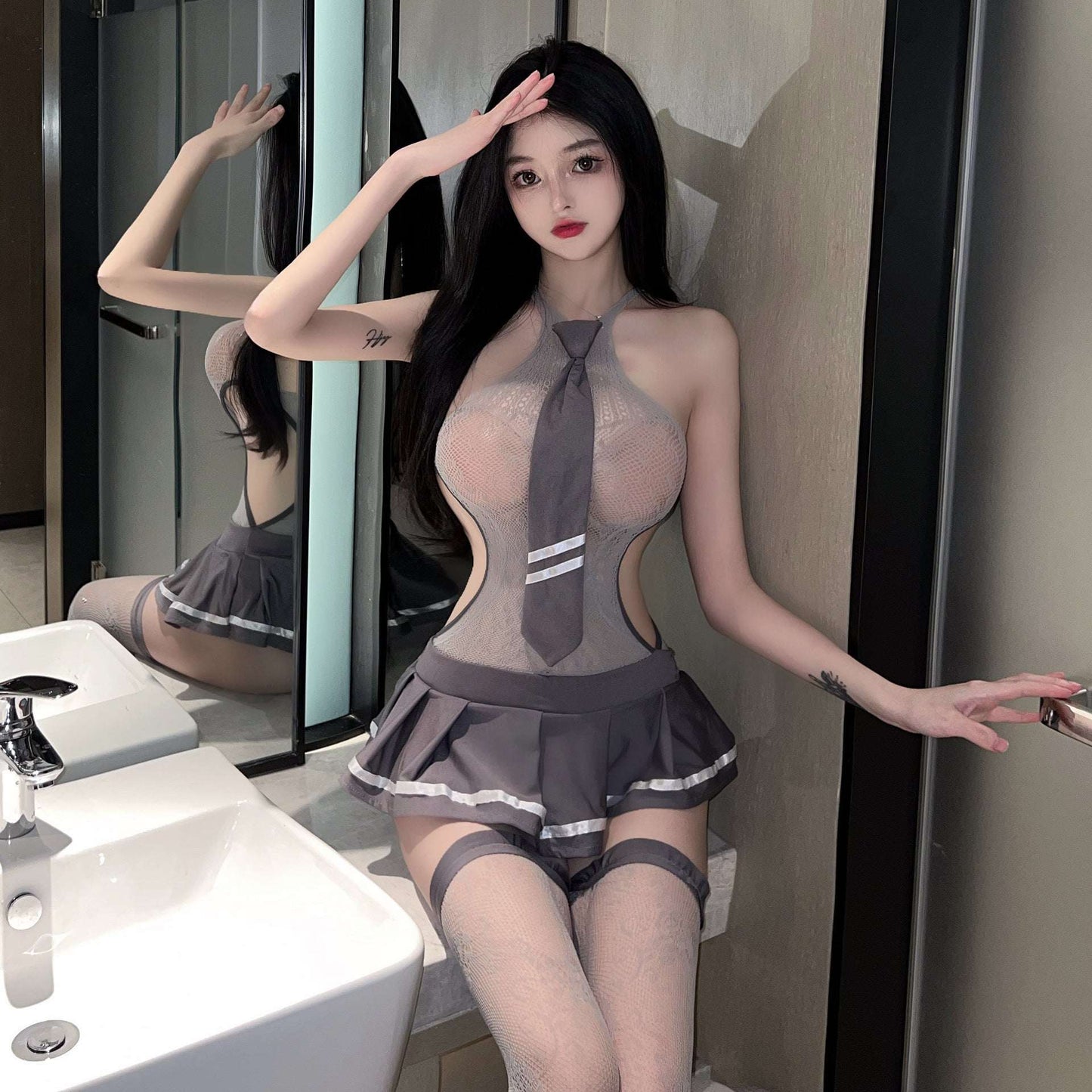 Sexy Lingerie Temptation No-Need-Strip Student One-Piece Mesh Dress JK Skirt Passionate Uniform Set 5709