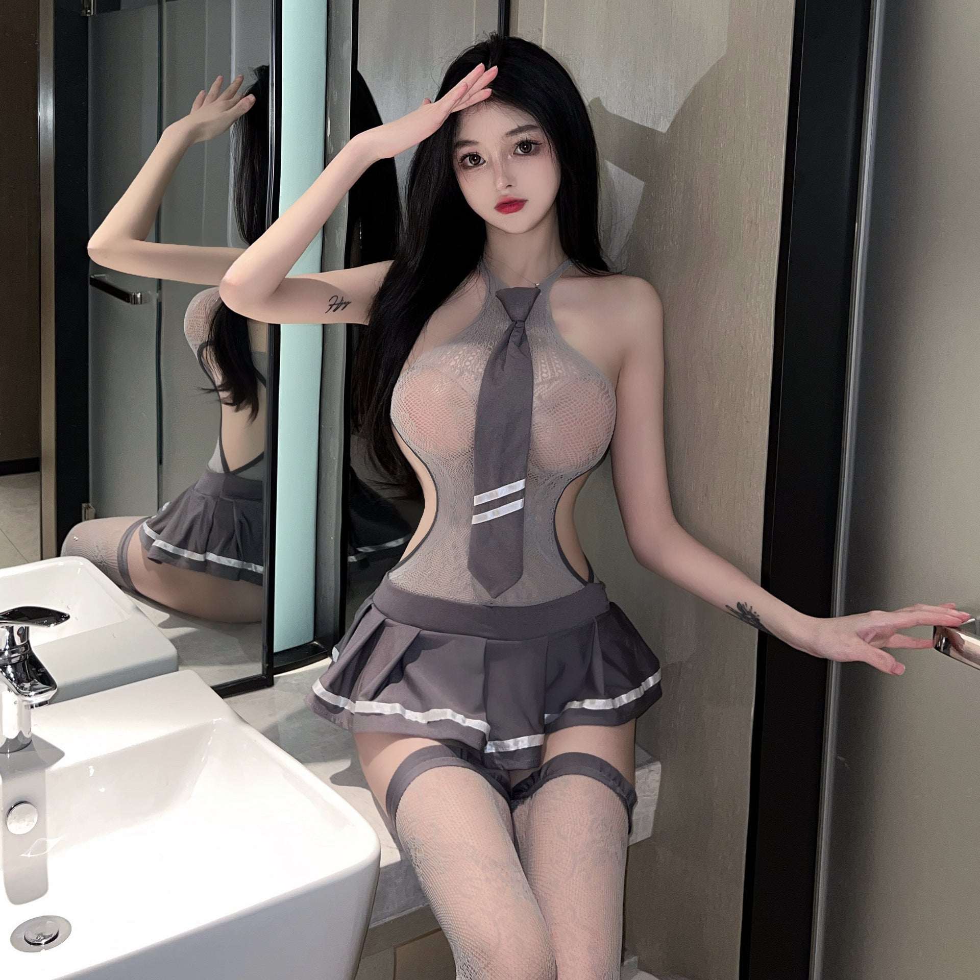 Sexy Lingerie Temptation No-Need-Strip Student One-Piece Mesh Dress JK Skirt Passionate Uniform Set 5709