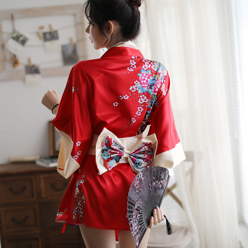 Sexy Lingerie Deep V Japanese Kimono Cute Playful Role Play Bathrobe Set for Women 5060