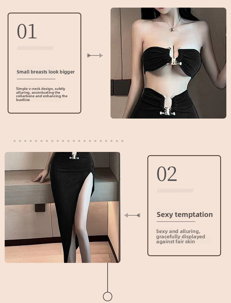 Sexy Lingerie Tube Top Temptation Tight High-Slit Bodycon Long Dress Nightclub Party Set 5724