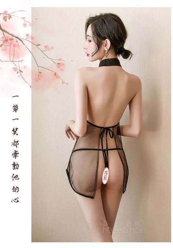 Sexy Lingerie Lace Slit Free-Stripping Uniform Mesh Classical Embroidery Cheongsam Set for Women 5354