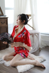 Sexy Lingerie Deep V Japanese Kimono Cute Playful Role Play Bathrobe Set for Women 5060