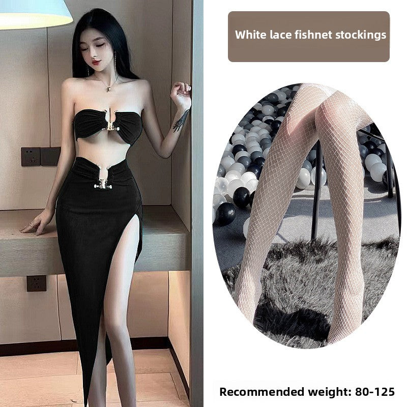 Sexy Lingerie Tube Top Temptation Tight High-Slit Bodycon Long Dress Nightclub Party Set 5724