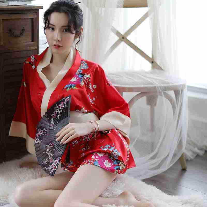 Sexy Lingerie Deep V Japanese Kimono Cute Playful Role Play Bathrobe Set for Women 5060