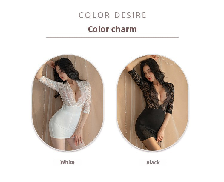 Sexy Lingerie Deep V See-through No-take-off Tight Bodycon Dress Jumpsuit OL Secretary Uniform 5450
