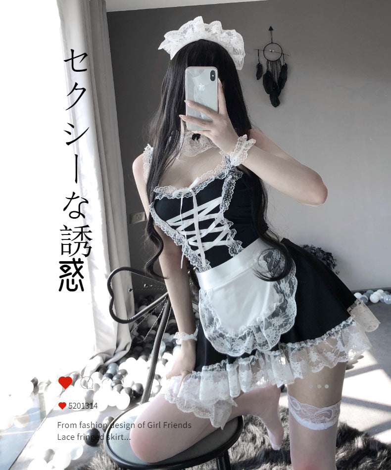High-End Sexy Lingerie Sexy Maid Costume Maid Uniform Role Play Lace Female Slave Pajamas Hollow Out Fun Set