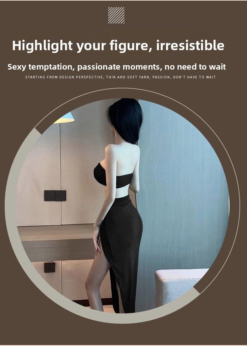 Sexy Lingerie Tube Top Temptation Tight High-Slit Bodycon Long Dress Nightclub Party Set 5724