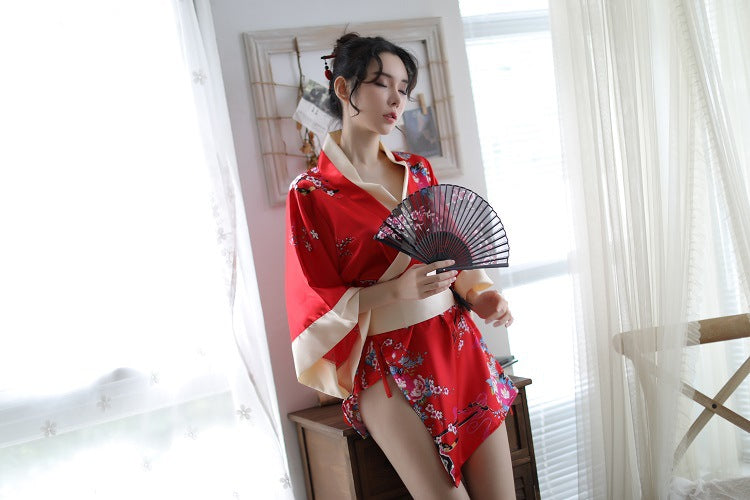 Sexy Lingerie Deep V Japanese Kimono Cute Playful Role Play Bathrobe Set for Women 5060