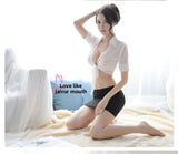 New Chiffon Sexy Lingerie Women's See-through Cardigan Uniform Temptation Sexy Bodycon Short Skirt Secretary Set