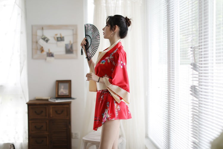 Sexy Lingerie Deep V Japanese Kimono Cute Playful Role Play Bathrobe Set for Women 5060