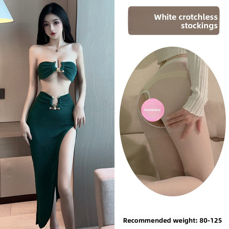 Sexy Lingerie Tube Top Temptation Tight High-Slit Bodycon Long Dress Nightclub Party Set 5724