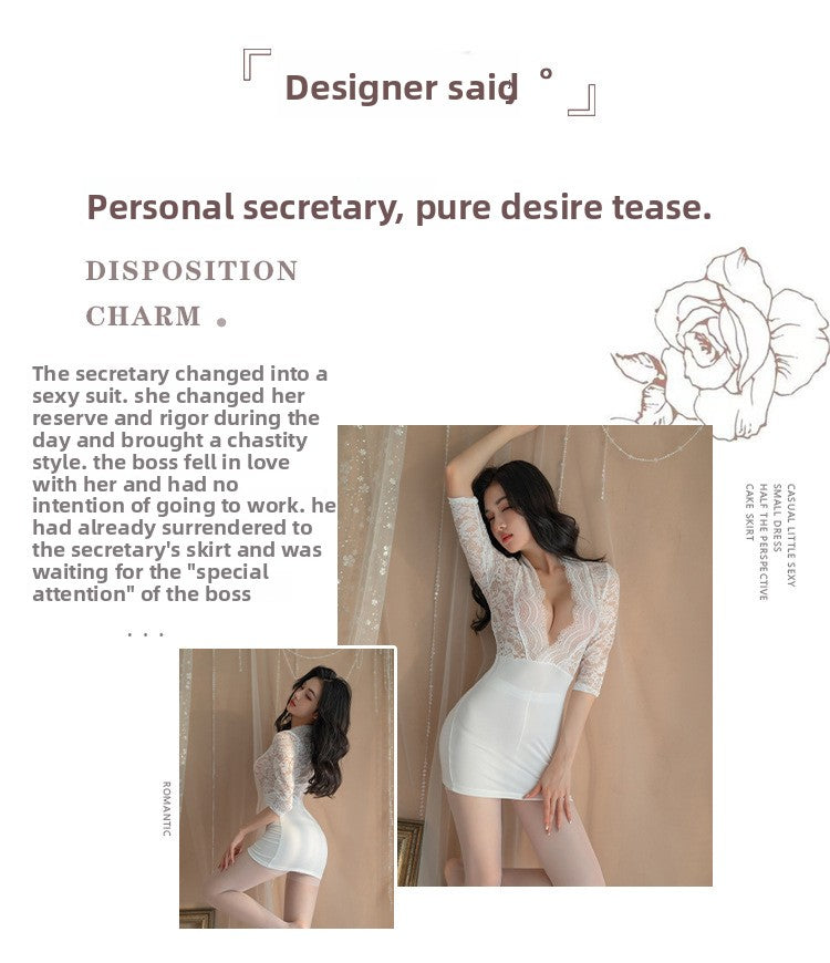 Sexy Lingerie Deep V See-through No-take-off Tight Bodycon Dress Jumpsuit OL Secretary Uniform 5450