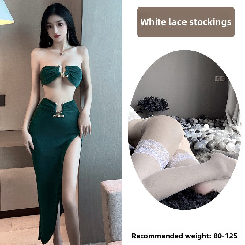 Sexy Lingerie Tube Top Temptation Tight High-Slit Bodycon Long Dress Nightclub Party Set 5724