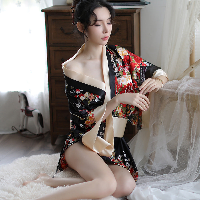 Sexy Lingerie Deep V Japanese Kimono Cute Playful Role Play Bathrobe Set for Women 5060