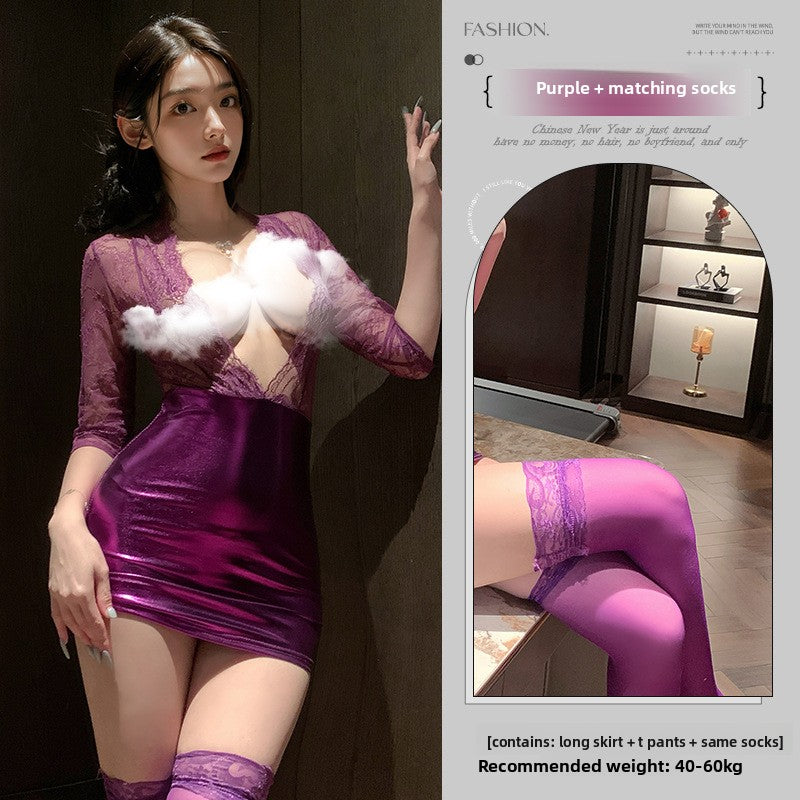 Sexy Lingerie Lace Patent Leather Pattern Secretary Role Play Professional Women Bodycon Dress 5542