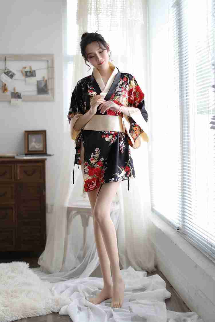 Sexy Lingerie Deep V Japanese Kimono Cute Playful Role Play Bathrobe Set for Women 5060