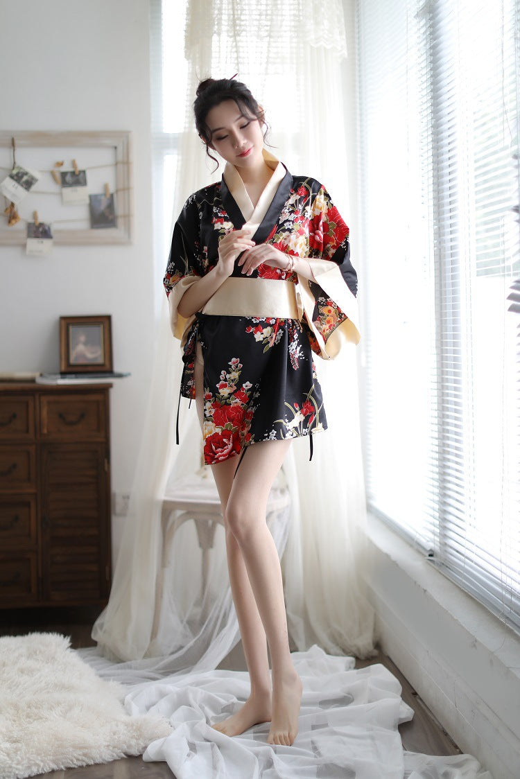 Sexy Lingerie Deep V Japanese Kimono Cute Playful Role Play Bathrobe Set for Women 5060