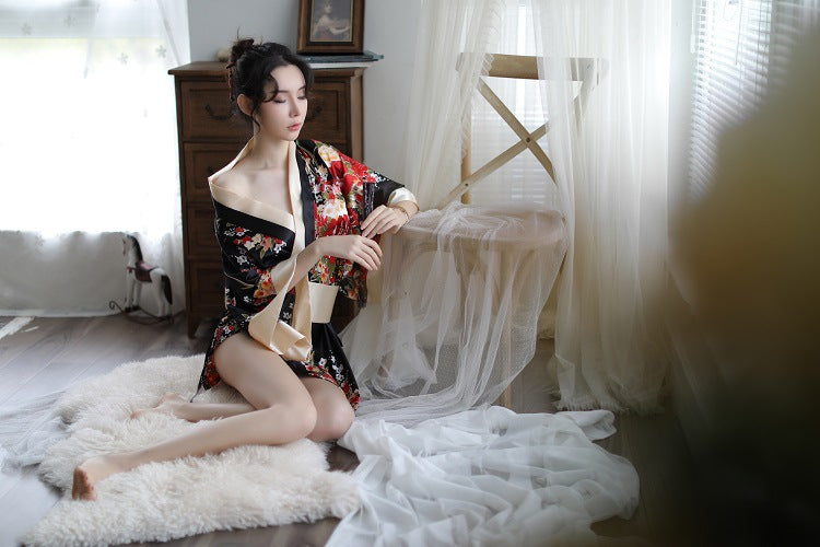 Sexy Lingerie Deep V Japanese Kimono Cute Playful Role Play Bathrobe Set for Women 5060