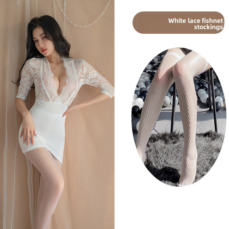 Sexy Lingerie Deep V See-through No-take-off Tight Bodycon Dress Jumpsuit OL Secretary Uniform 5450