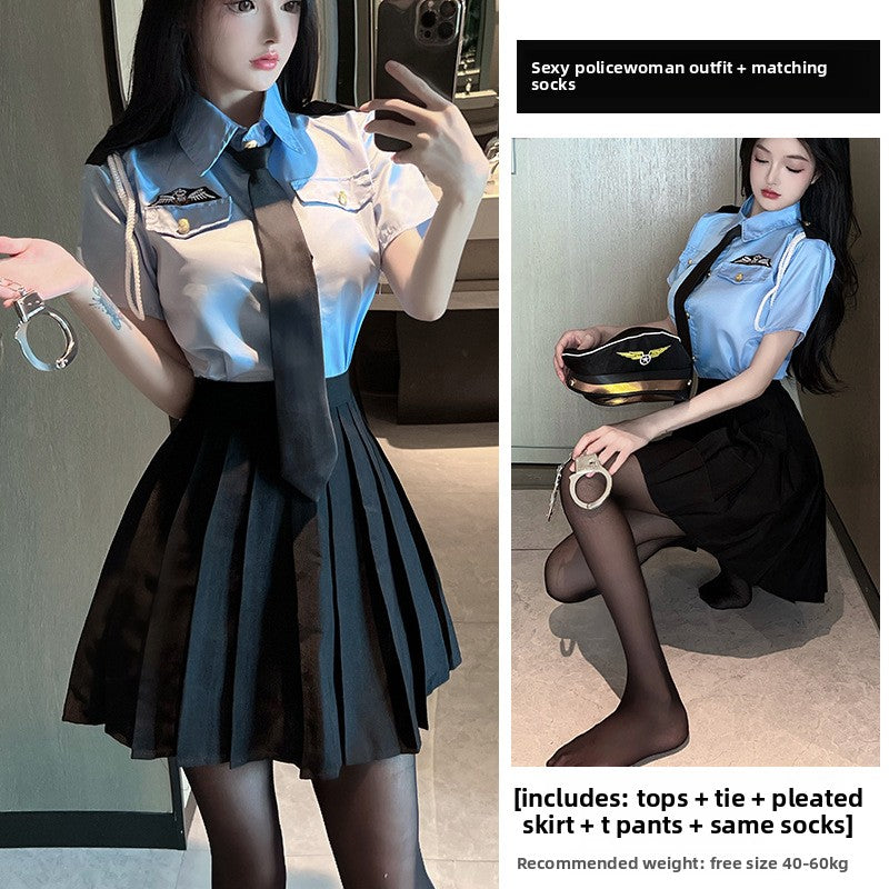 Sexy Lingerie Sexy Cop Blue Temptation Pleated Skirt Role Play Set 5634