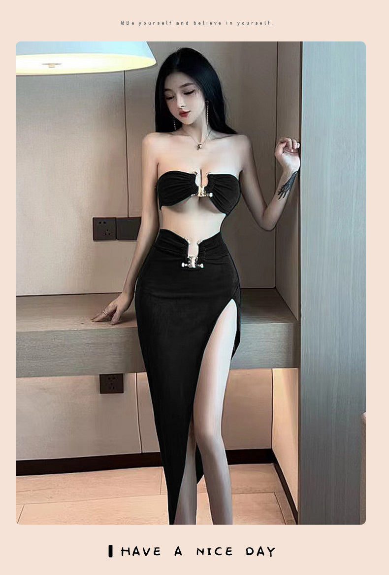 Sexy Lingerie Tube Top Temptation Tight High-Slit Bodycon Long Dress Nightclub Party Set 5724