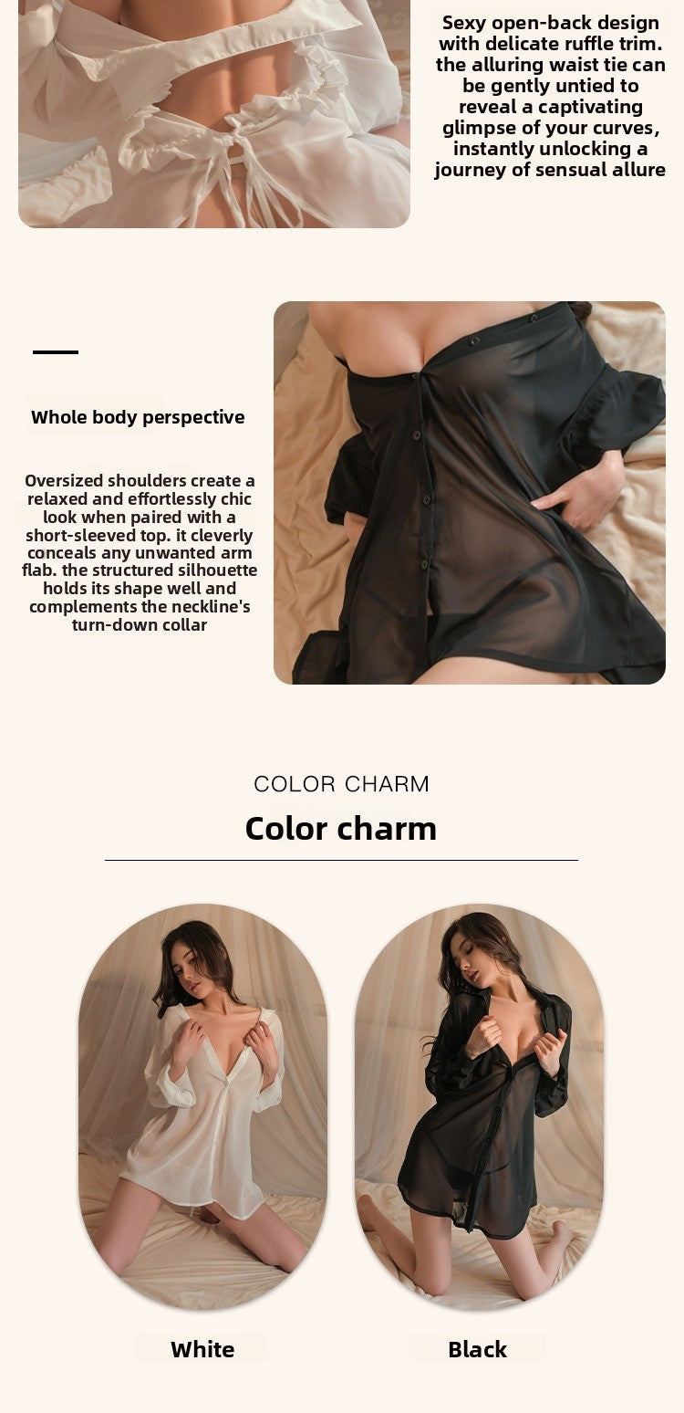 Sexy Lingerie Sexy Backless Boyfriend Shirt No Need to Take Off See-through Temptation Chiffon Pajamas Homewear 5713