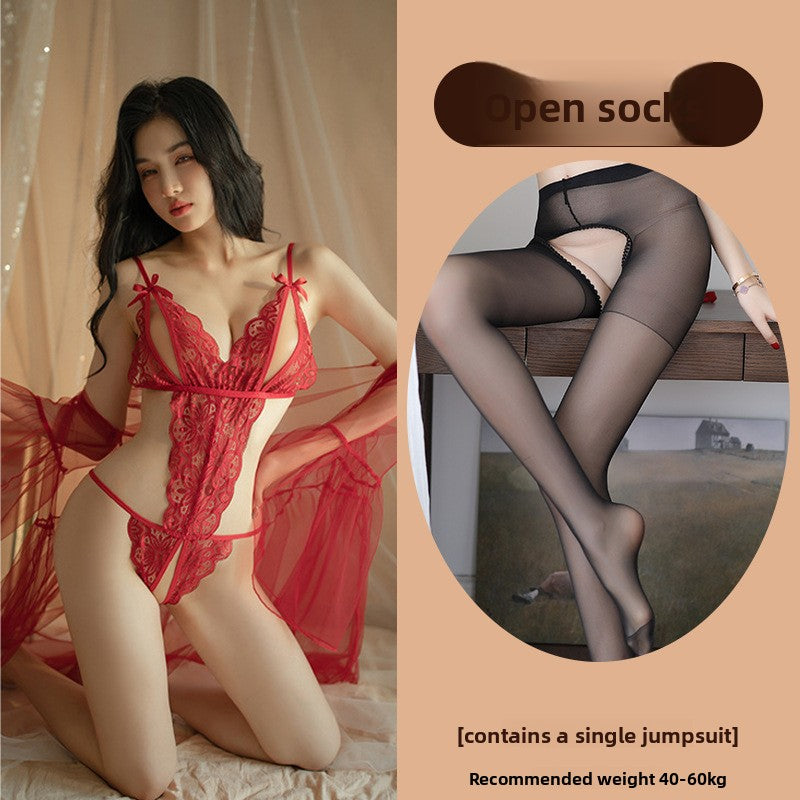 Sexy Lingerie Lace See-through Open Chest Hot Open Crotch No Need to Take Off Backless Teasing Bodysuit 5613