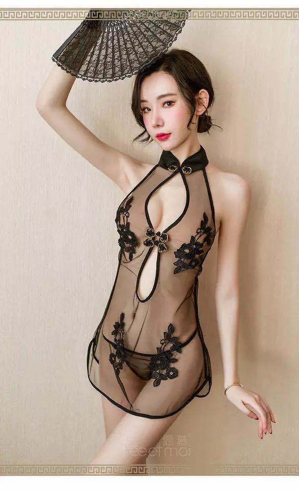 Sexy Lingerie Lace Slit Free-Stripping Uniform Mesh Classical Embroidery Cheongsam Set for Women 5354