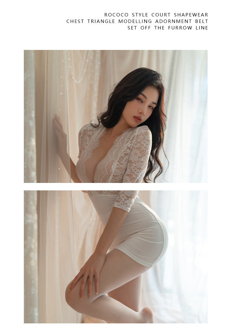 Sexy Lingerie Deep V See-through No-take-off Tight Bodycon Dress Jumpsuit OL Secretary Uniform 5450