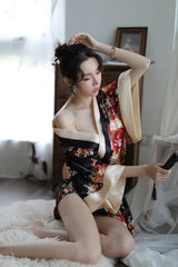 Sexy Lingerie Deep V Japanese Kimono Cute Playful Role Play Bathrobe Set for Women 5060