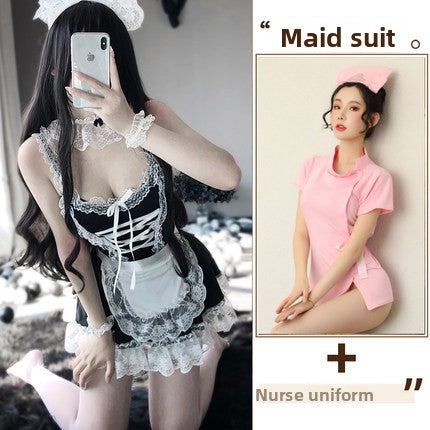 High-End Sexy Lingerie Sexy Maid Costume Maid Uniform Role Play Lace Female Slave Pajamas Hollow Out Fun Set