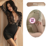 Sexy Lingerie Deep V See-through No-take-off Tight Bodycon Dress Jumpsuit OL Secretary Uniform 5450