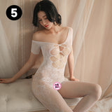 Sexy Lingerie with Hollow Out Design, See-Through Rose Embroidery, Open Crotch Temptation Bodysuit with Stockings and Fishnet 5