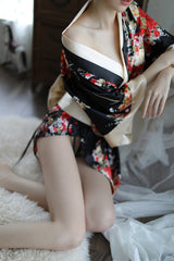 Sexy Lingerie Deep V Japanese Kimono Cute Playful Role Play Bathrobe Set for Women 5060