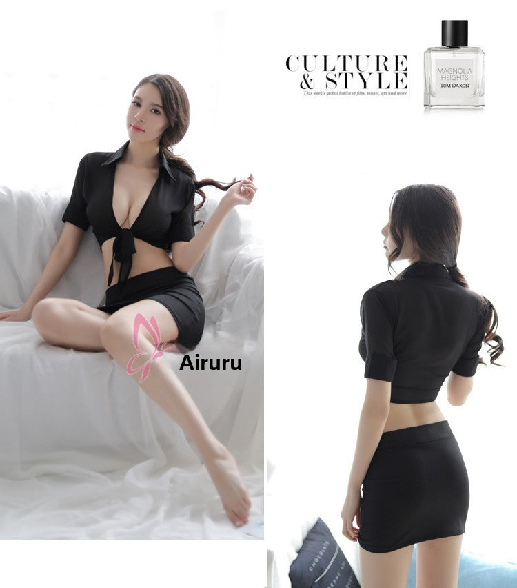 New Chiffon Sexy Lingerie Women's See-through Cardigan Uniform Temptation Sexy Bodycon Short Skirt Secretary Set