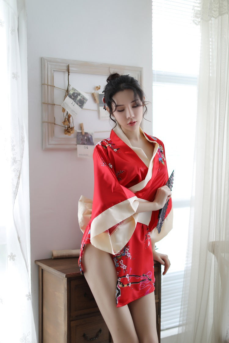 Sexy Lingerie Deep V Japanese Kimono Cute Playful Role Play Bathrobe Set for Women 5060