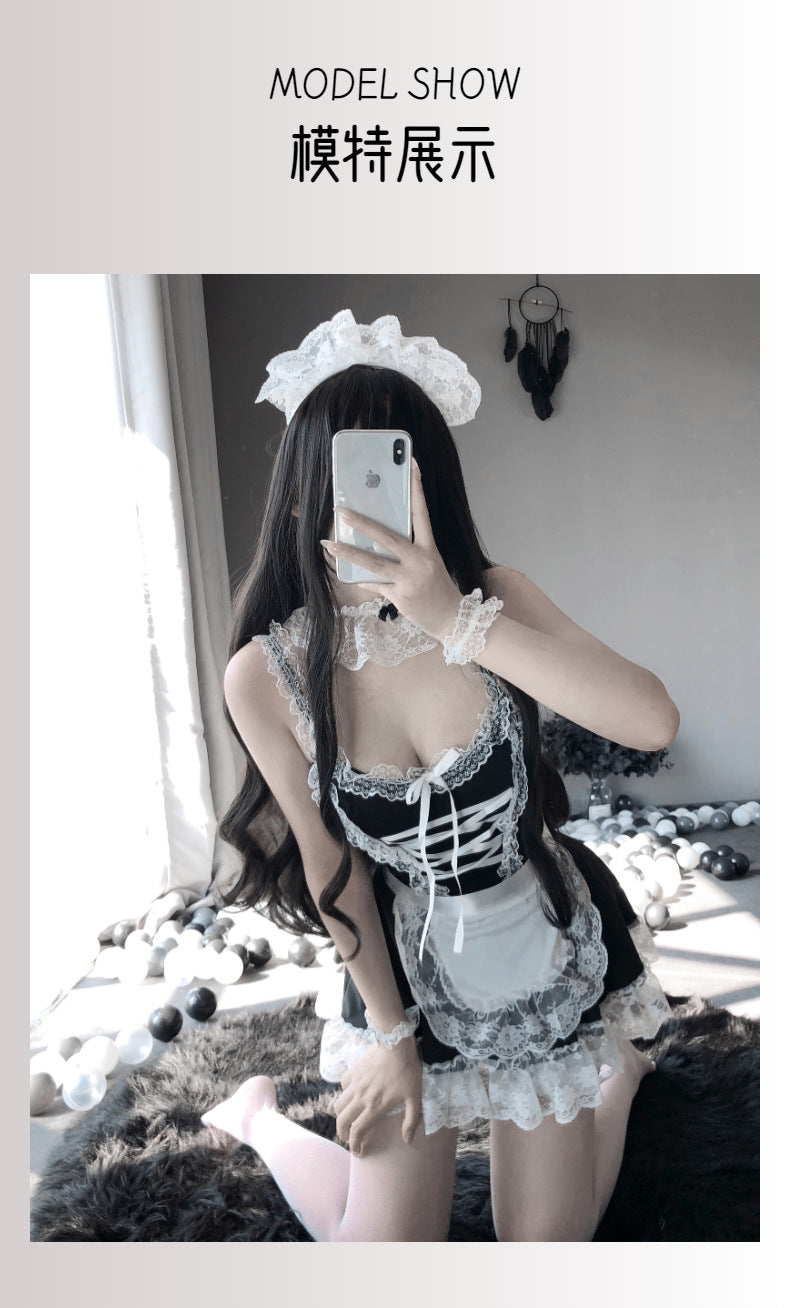 High-End Sexy Lingerie Sexy Maid Costume Maid Uniform Role Play Lace Female Slave Pajamas Hollow Out Fun Set