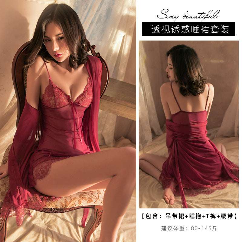 Sexy Lingerie for Women Plus Size See-through Temptation Strap Sexy Lace Nightdress Sleepwear Emotional Supplies Set
