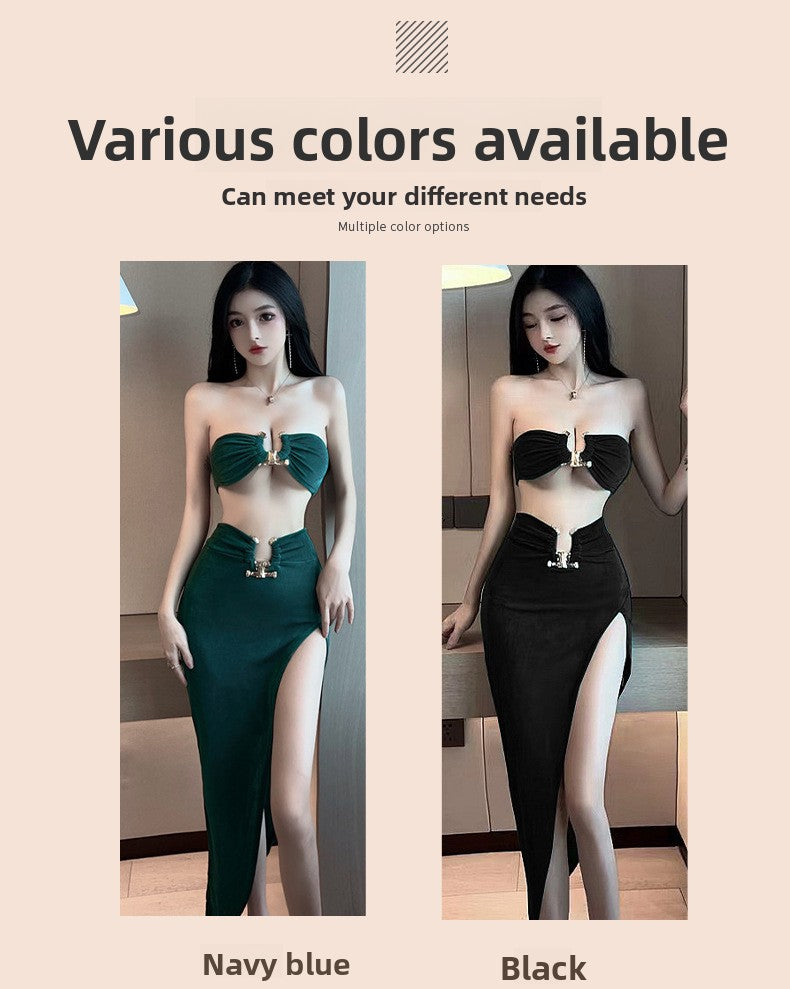 Sexy Lingerie Tube Top Temptation Tight High-Slit Bodycon Long Dress Nightclub Party Set 5724