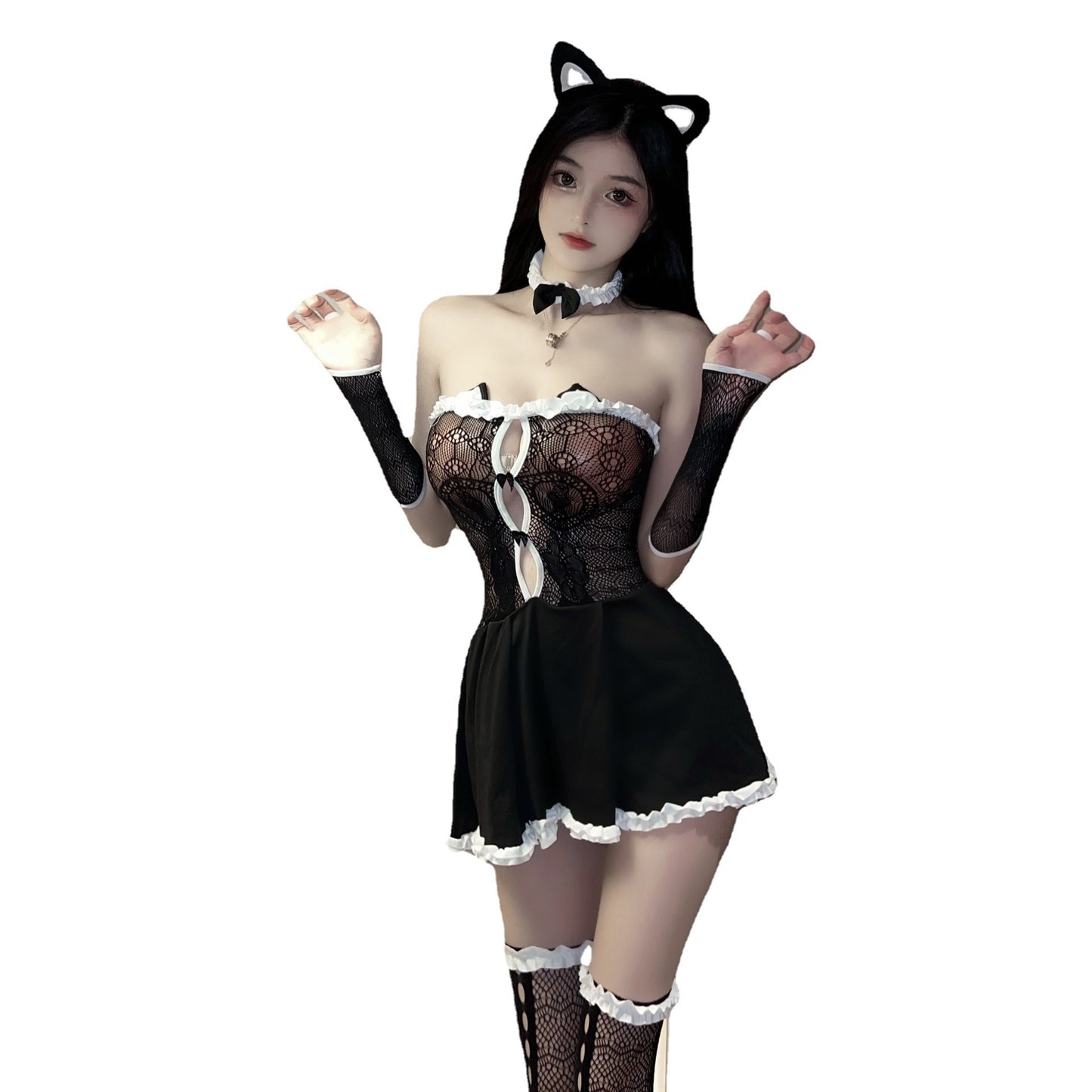 Sexy Lingerie Sexy and Charming Hollow Out Tube Top See-through Temptation Cute Catwoman One-piece Dress Set 5423