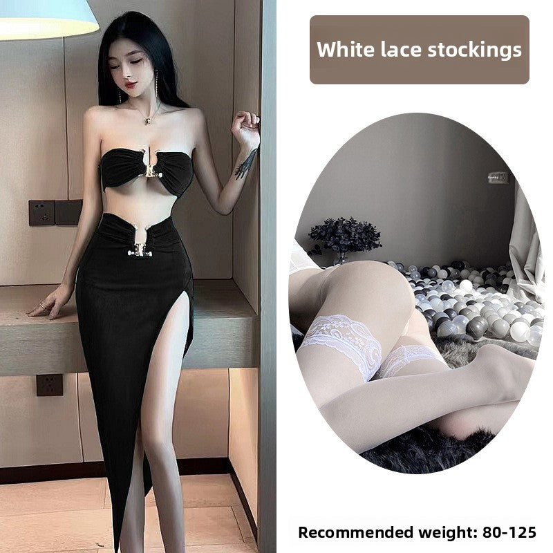 Sexy Lingerie Tube Top Temptation Tight High-Slit Bodycon Long Dress Nightclub Party Set 5724