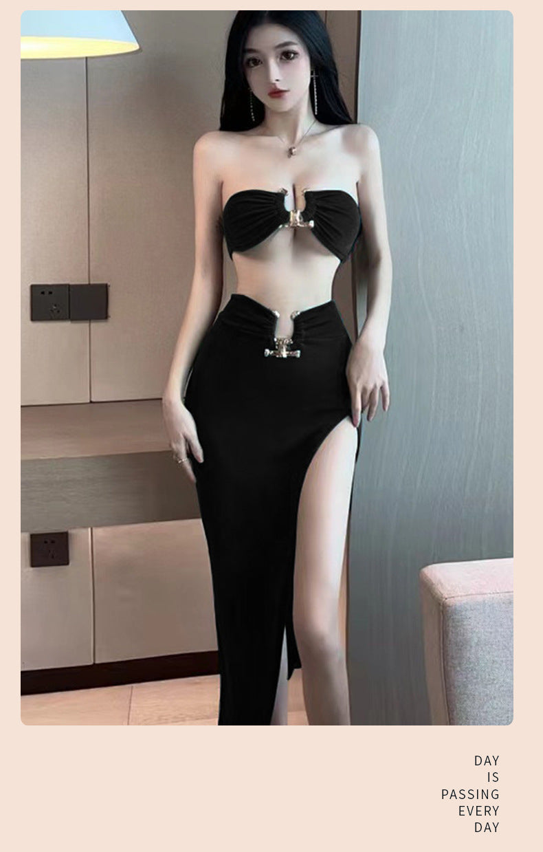 Sexy Lingerie Tube Top Temptation Tight High-Slit Bodycon Long Dress Nightclub Party Set 5724