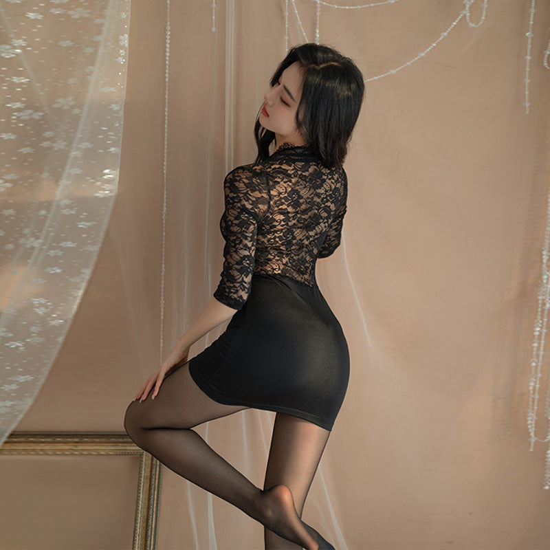 Sexy Lingerie Deep V See-through No-take-off Tight Bodycon Dress Jumpsuit OL Secretary Uniform 5450