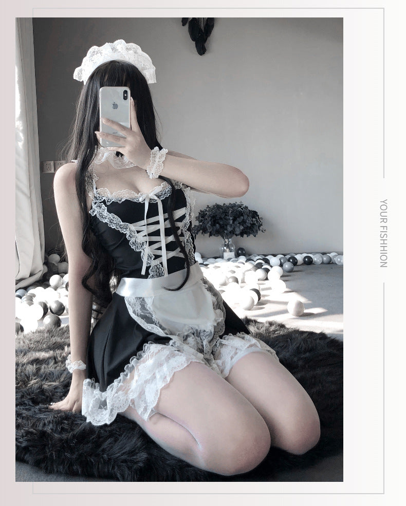 High-End Sexy Lingerie Sexy Maid Costume Maid Uniform Role Play Lace Female Slave Pajamas Hollow Out Fun Set