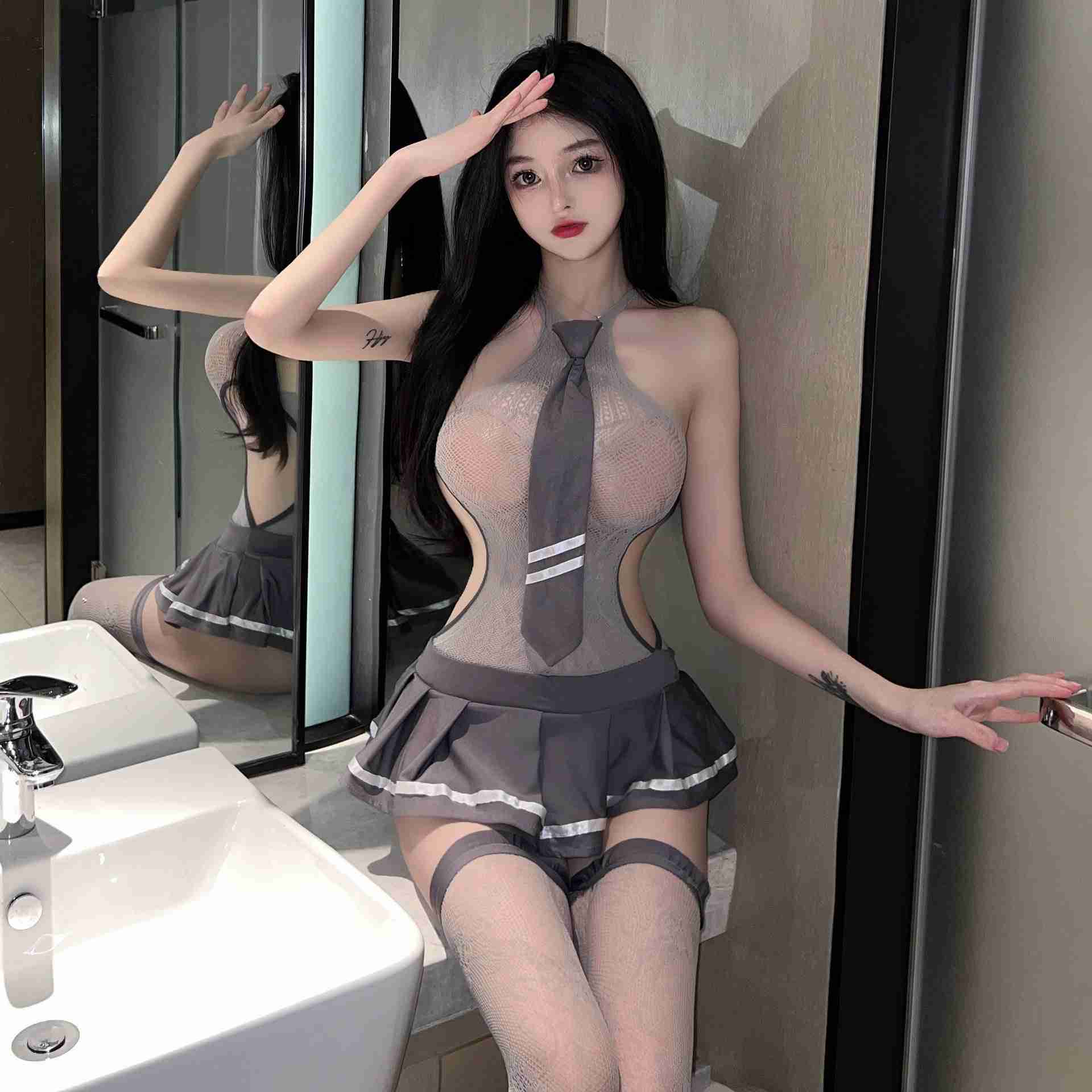 Sexy Lingerie Temptation No-Need-Strip Student One-Piece Mesh Dress JK Skirt Passionate Uniform Set 5709