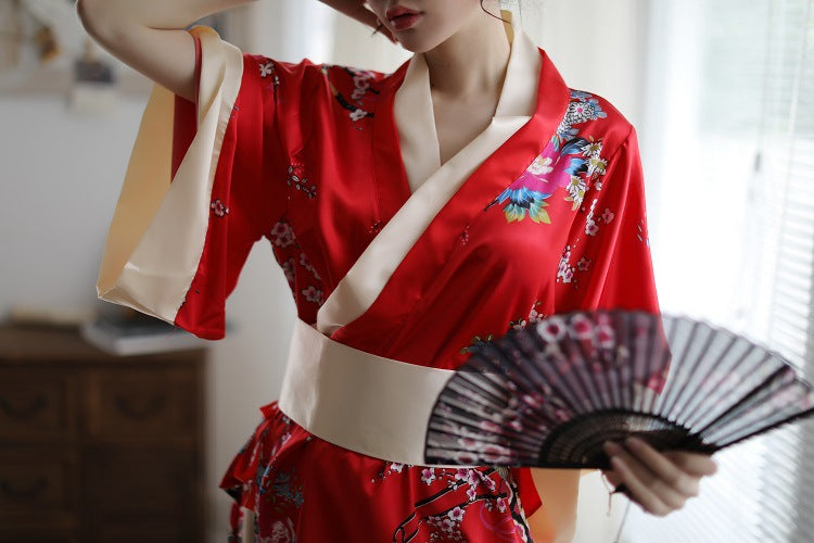 Sexy Lingerie Deep V Japanese Kimono Cute Playful Role Play Bathrobe Set for Women 5060